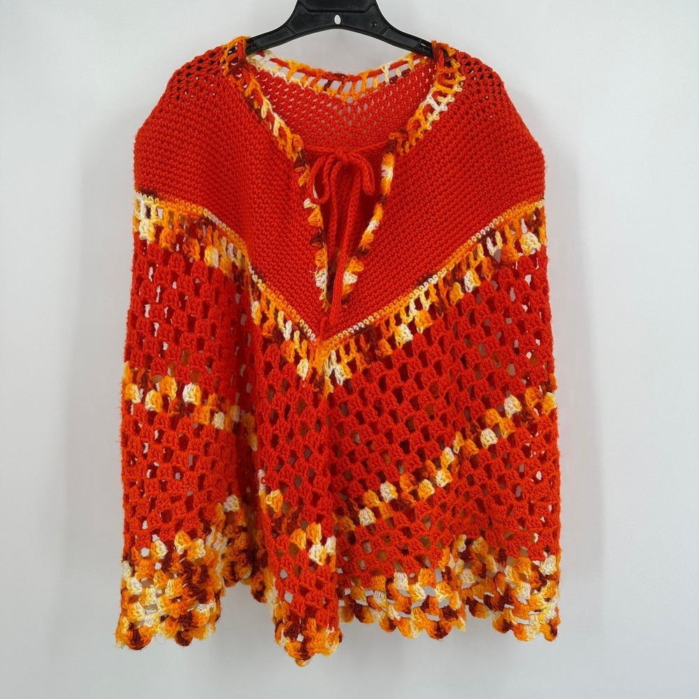 Womens Vintage Handmade Crochet Poncho One Size Granny Square Wrap Boho Hippie